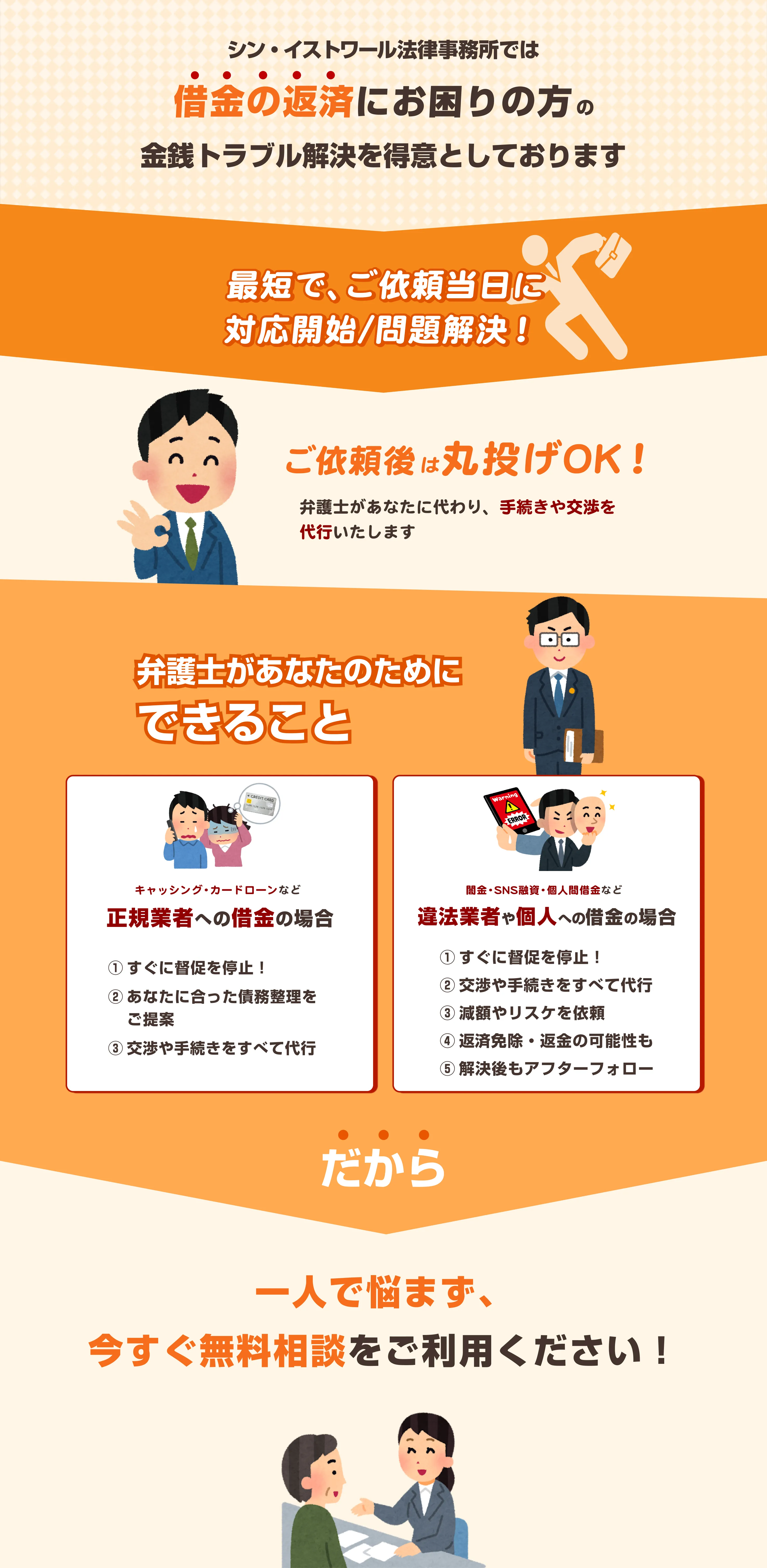 借金の返済にお困りの方の金銭トラブル解決。正規業者と違法業者への対応内容
