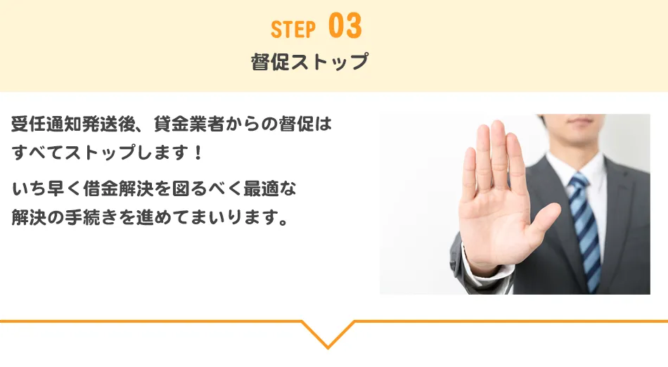STEP03 督促ストップ。受任通知発送後、貸金業者からの督促はすべてストップします